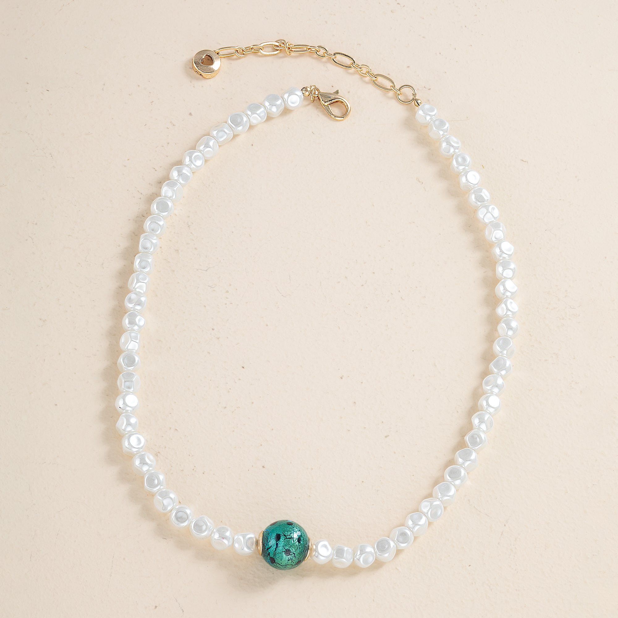 Murano Glass Green Bead Organic Pearl Necklace