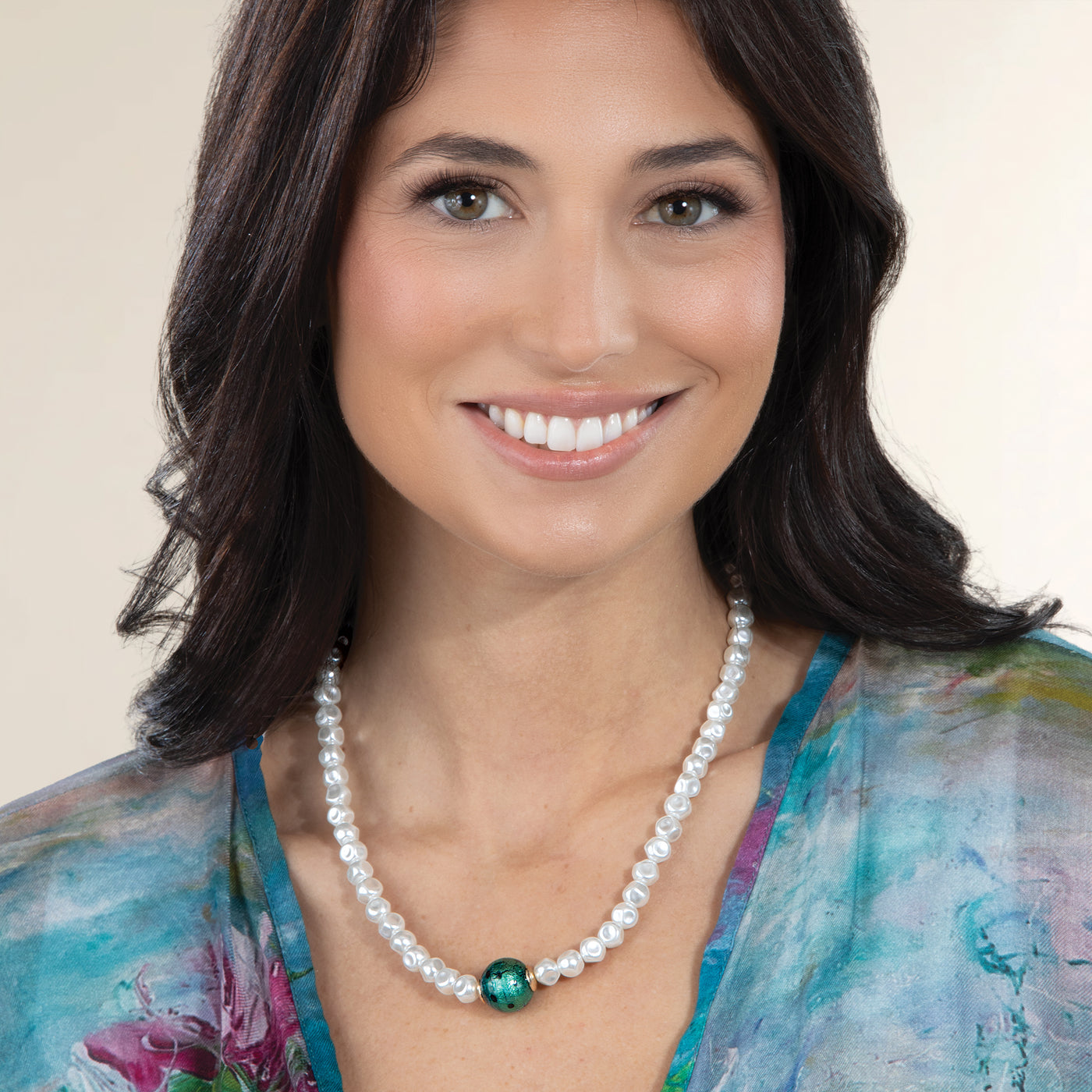 Murano Glass Green Bead Organic Pearl Necklace