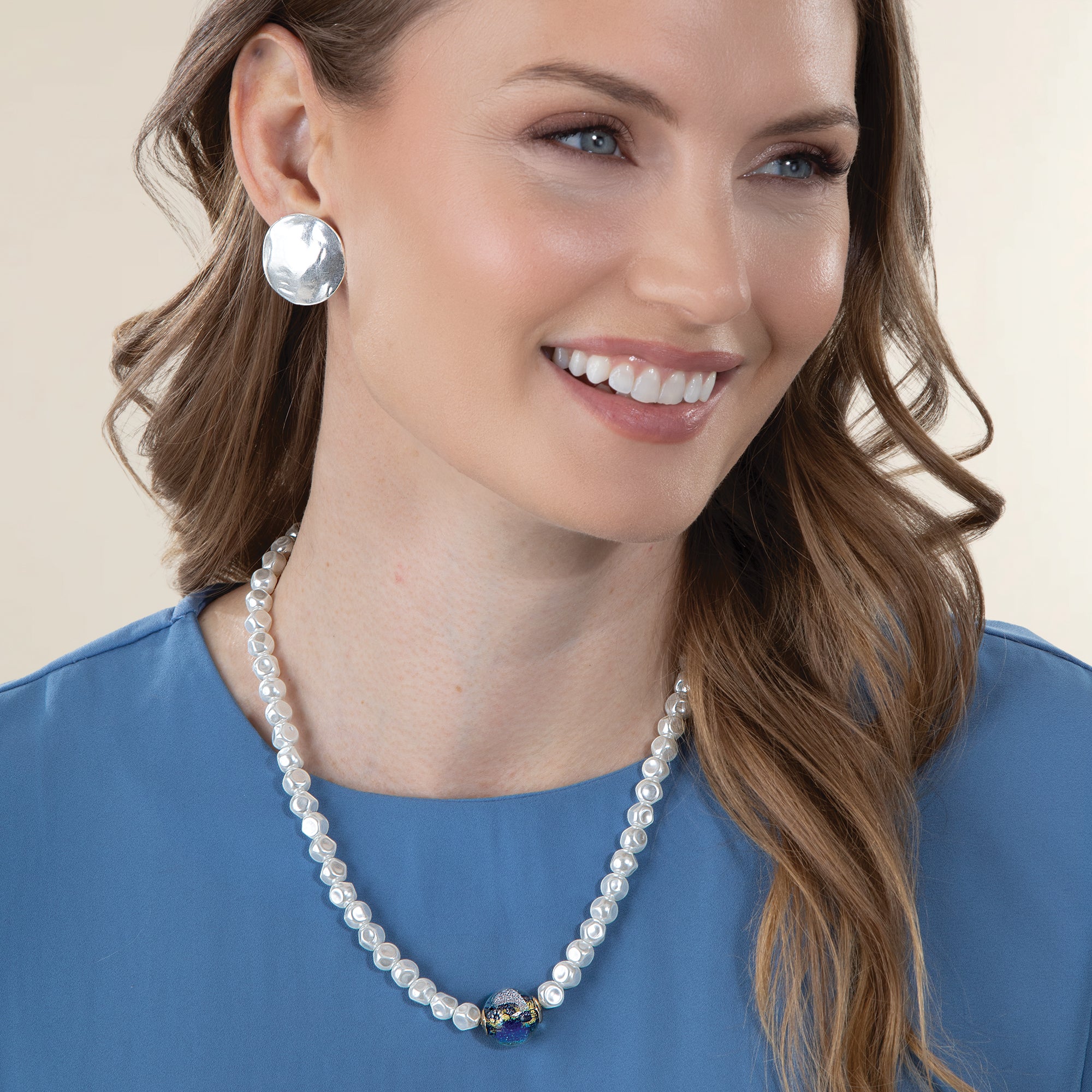 Murano Glass Blue Bead Organic Pearl Necklace