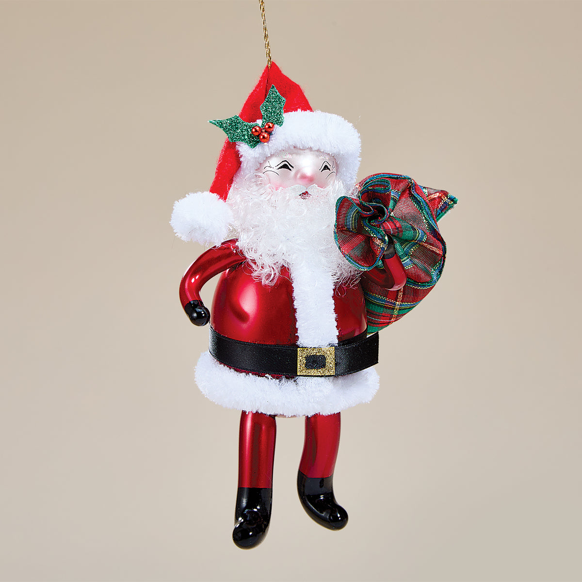 Hand-Blown Glass Plaid Toy Sack Santa Ornament (Preorder)