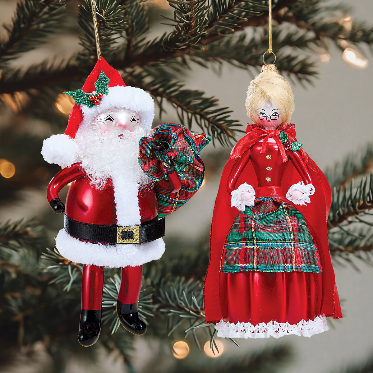 Hand-Blown Glass Plaid Toy Sack Santa Ornament (Preorder)