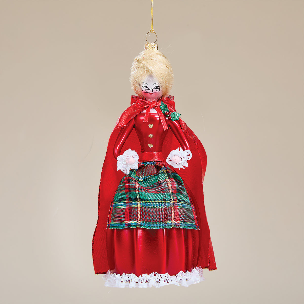 Hand-Blown Glass Pretty in Plaid Mrs. Claus Ornament (Preorder)