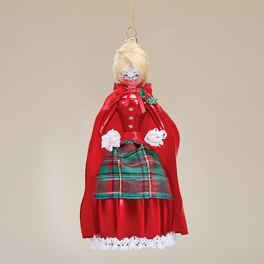 Hand-Blown Glass Pretty in Plaid Mrs. Claus Ornament (Preorder)