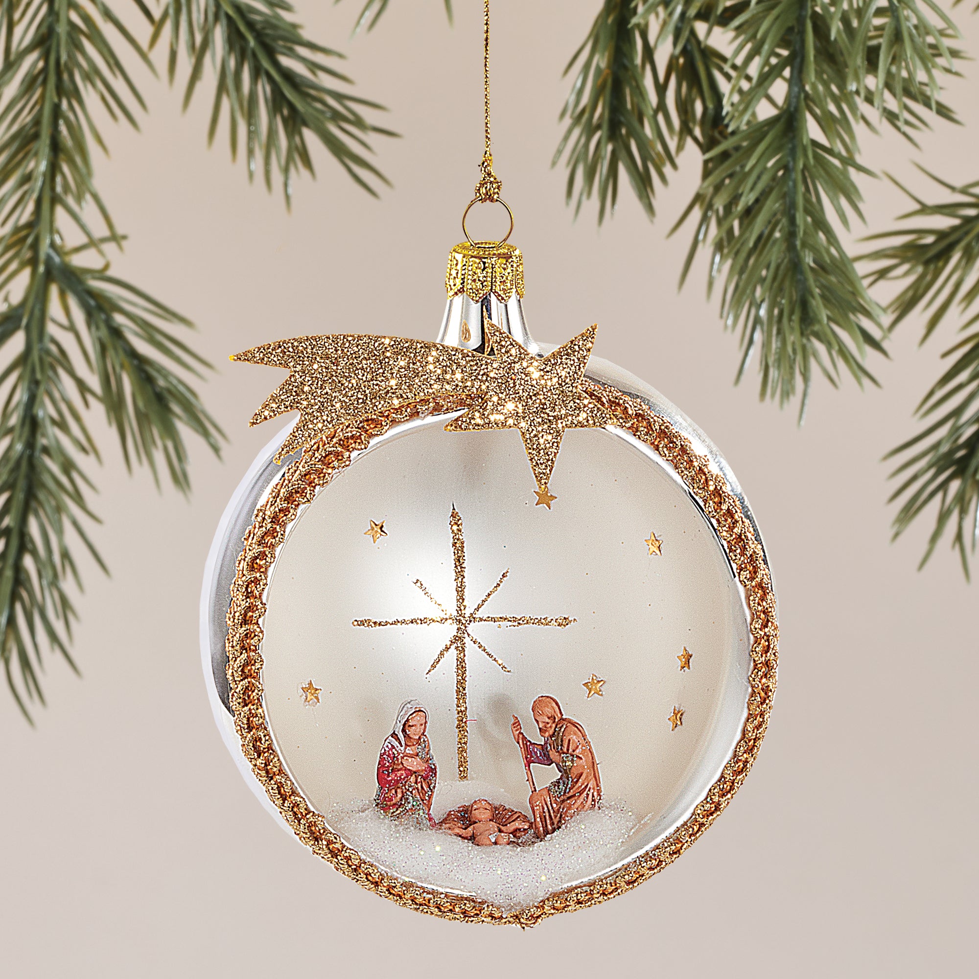 Gold & White Nativity Glass Ornament
