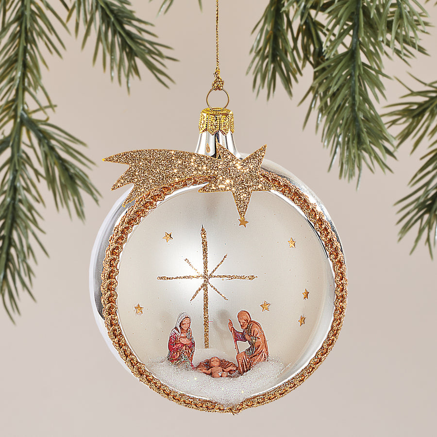 Gold & White Nativity Glass Ornament