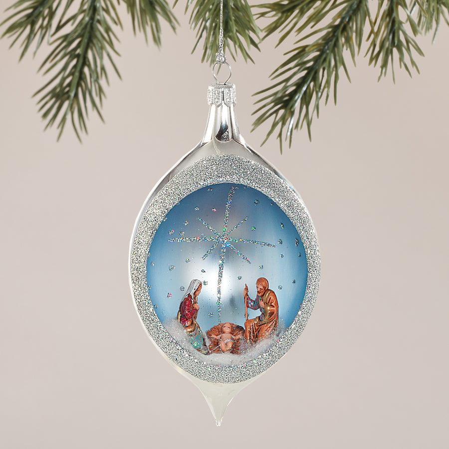 Icy Blue Nativity Glass Ornament