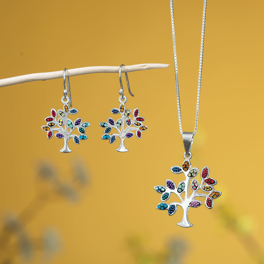 Mexican Mosaic Rainbow Tree Necklace & Earrings Set