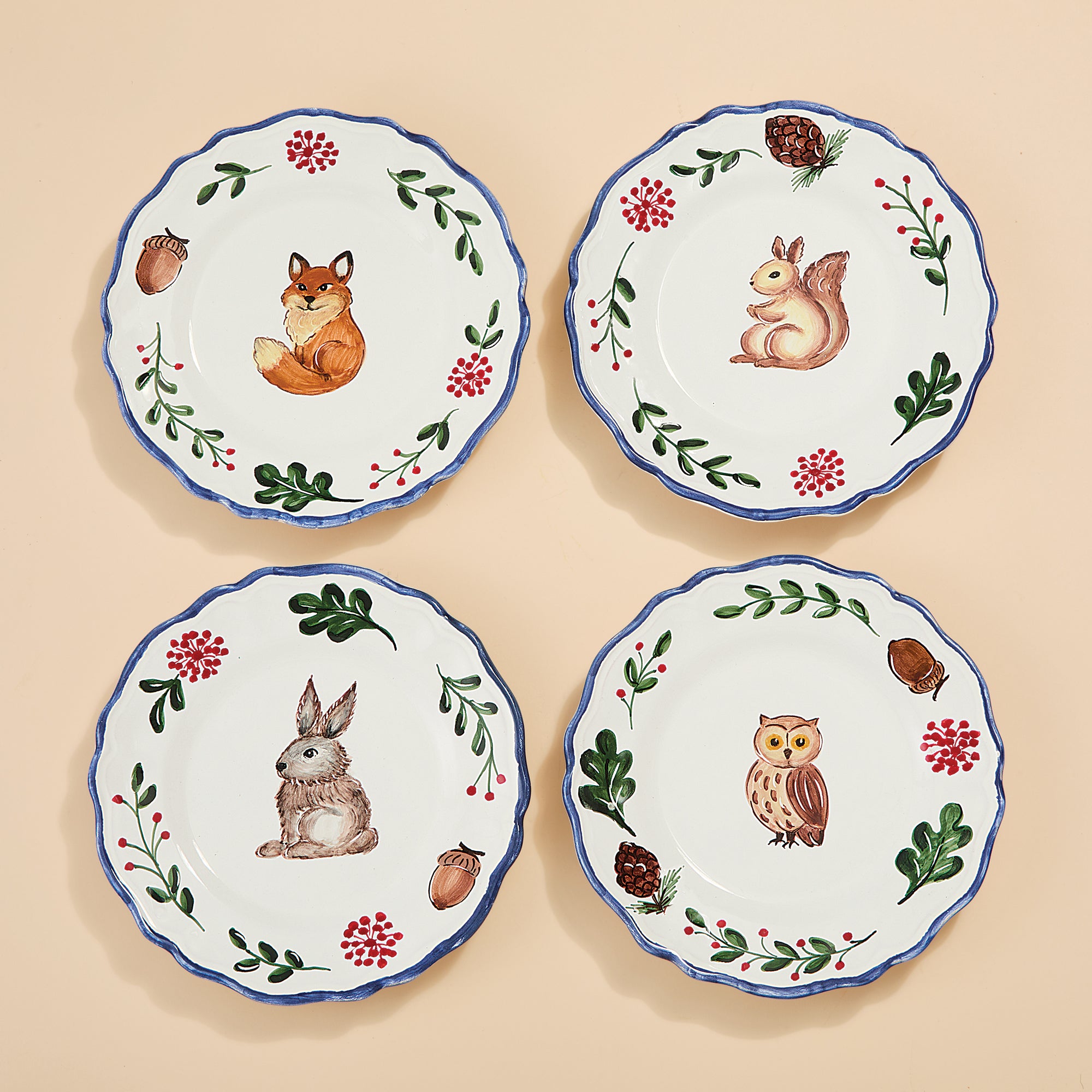 Hand-Painted Woodland Creature Plates, Set of 4 (Preorder)