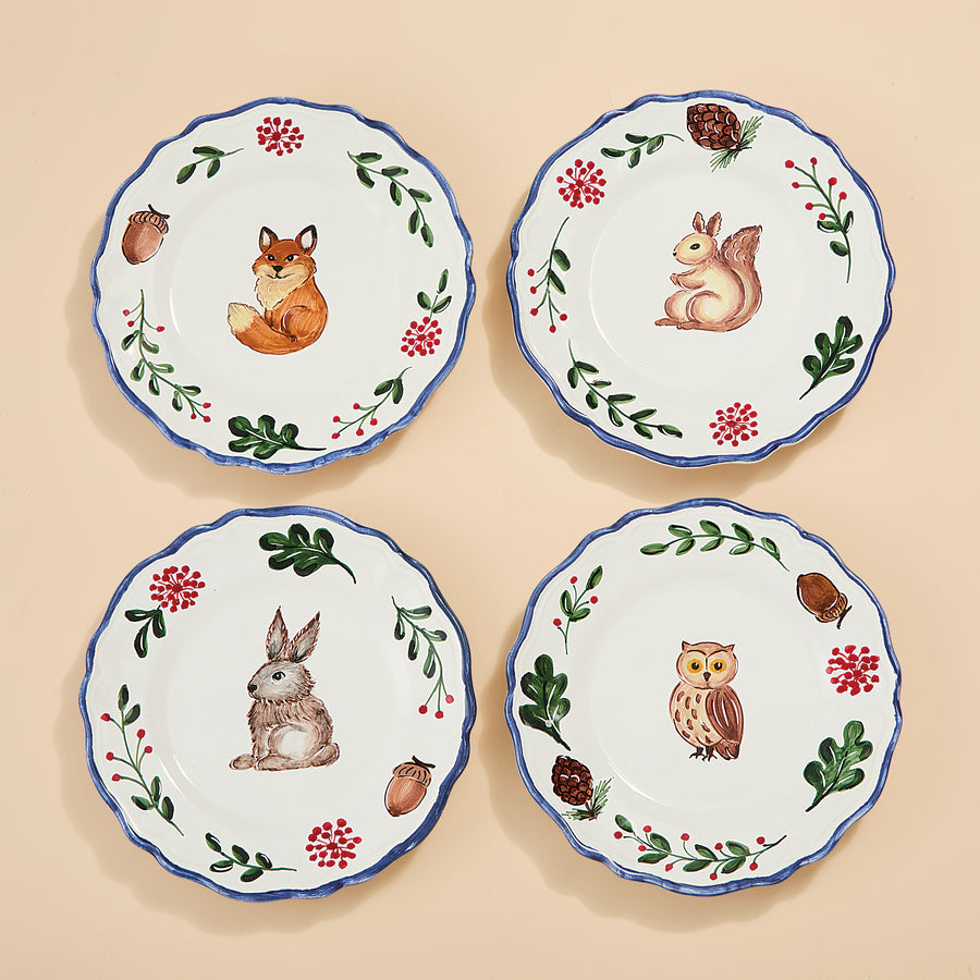Hand-Painted Woodland Creature Plates, Set of 4 (Preorder)