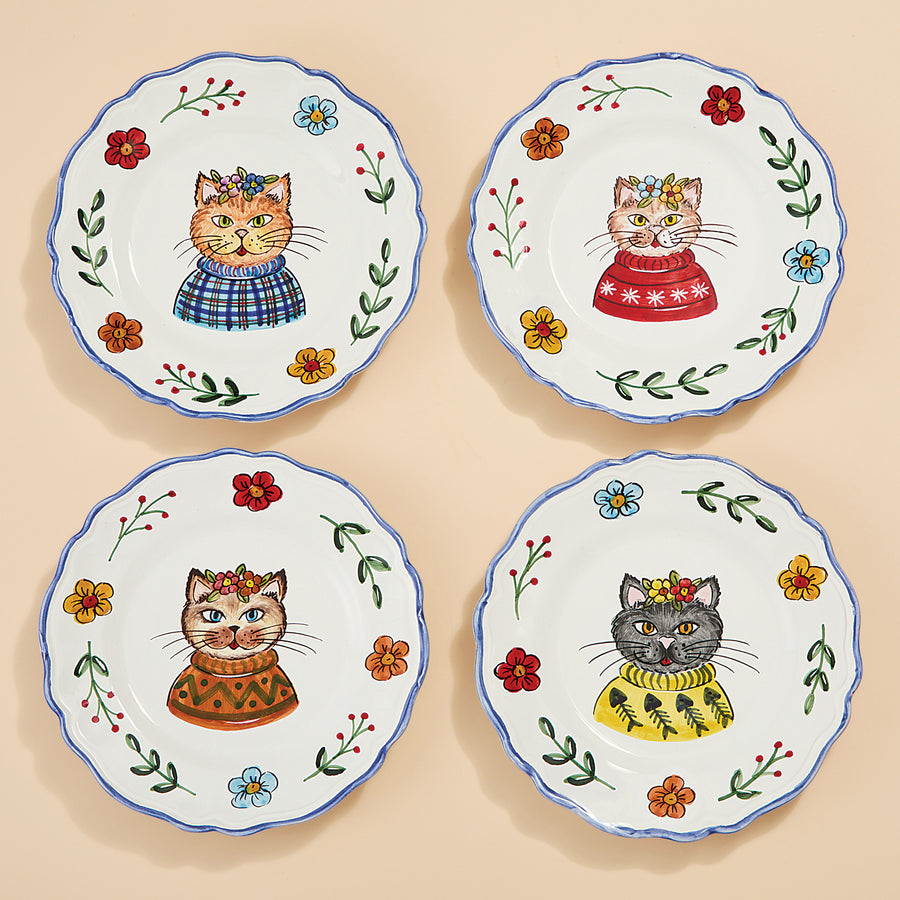Hand-Painted Cats in Colorful Sweaters Plates, Set of 4 (Preorder)