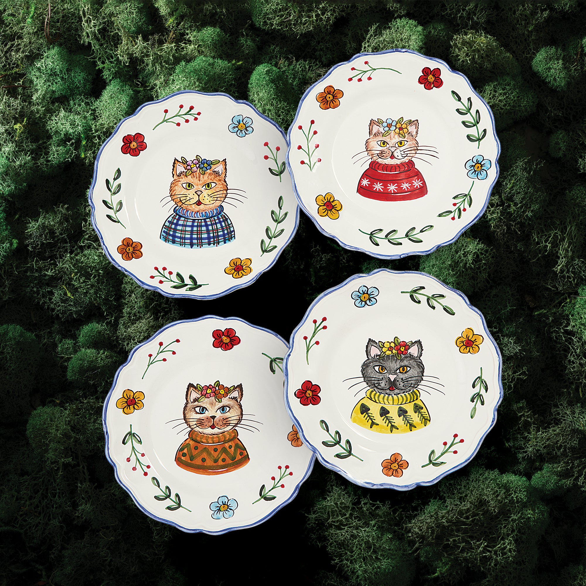 Hand-Painted Cats in Colorful Sweaters Plates, Set of 4 (Preorder)