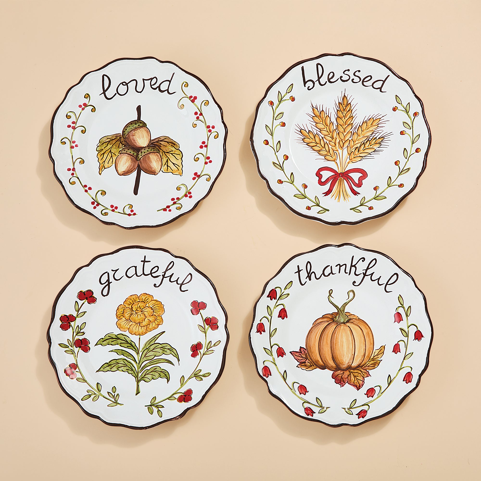 Hand-Painted Italian Ceramic Grace & Gratitude Plates, Set of 4 (Preorder)