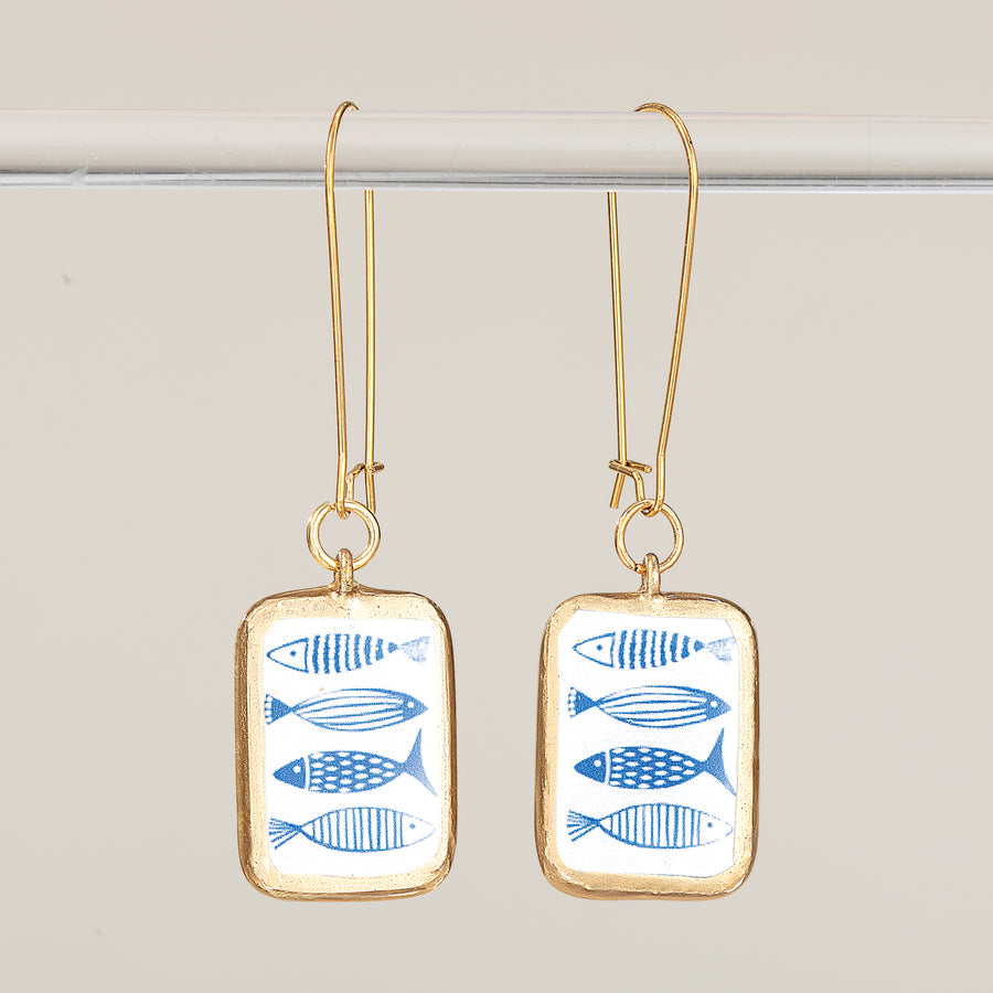 Porcelain Panel Blue Fish Earrings