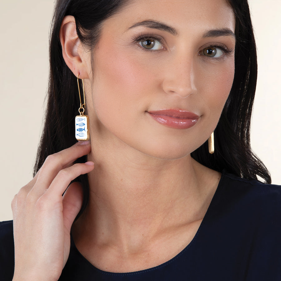 Porcelain Panel Blue Fish Earrings