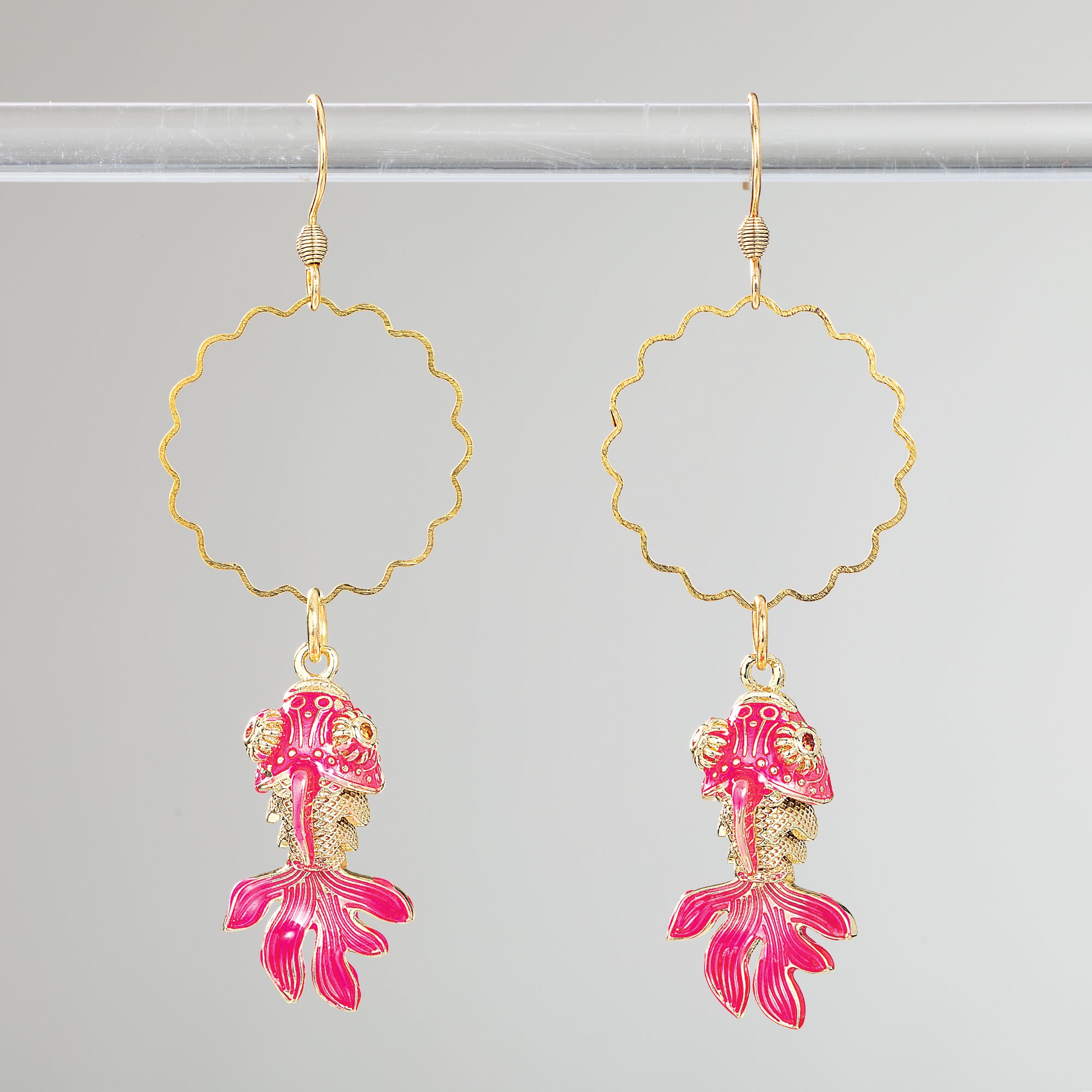 Pink Cloisonné Fish Hoop Earrings