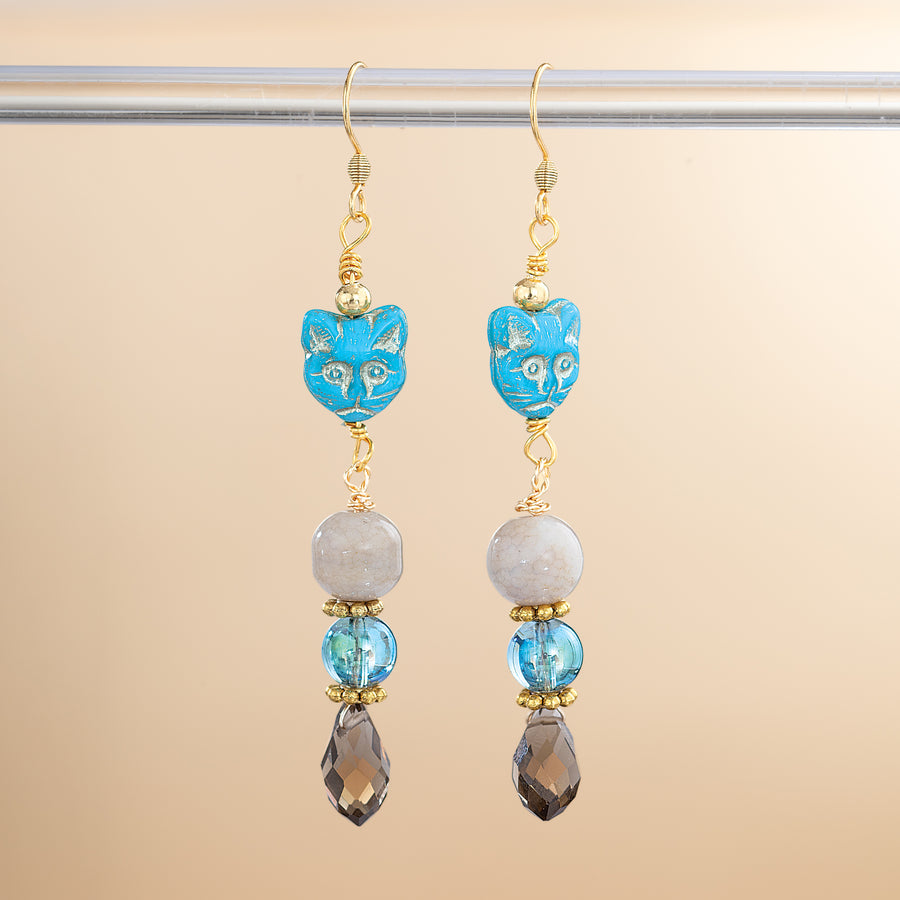 Carved Czech Glass Cat & Gemstone Long Earrings