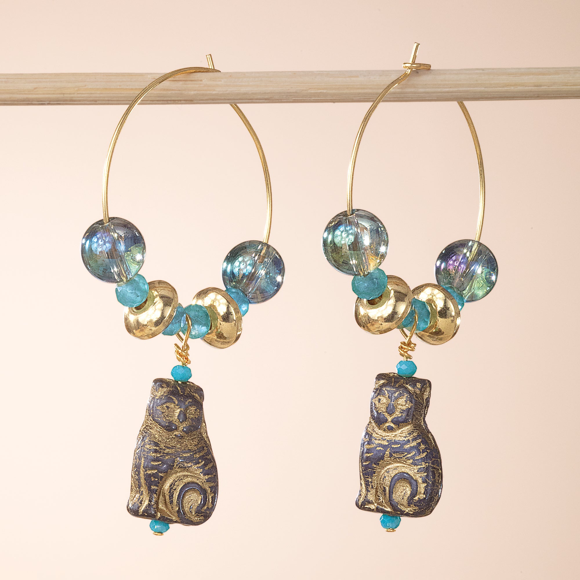 Carved Czech Glass Cat & Gemstone Hoop Earrings