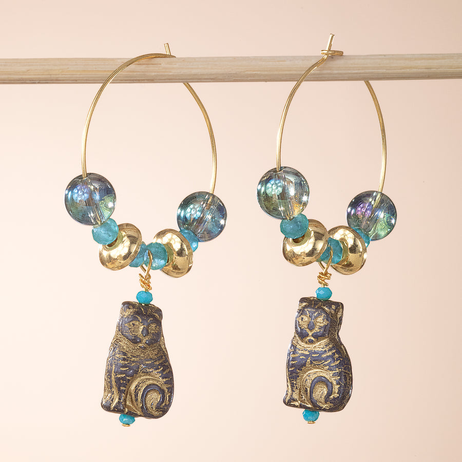 Carved Czech Glass Cat & Gemstone Hoop Earrings