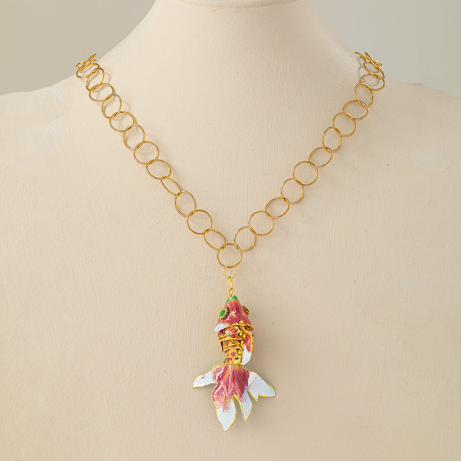Pink & White Cloisonne Fish Necklace