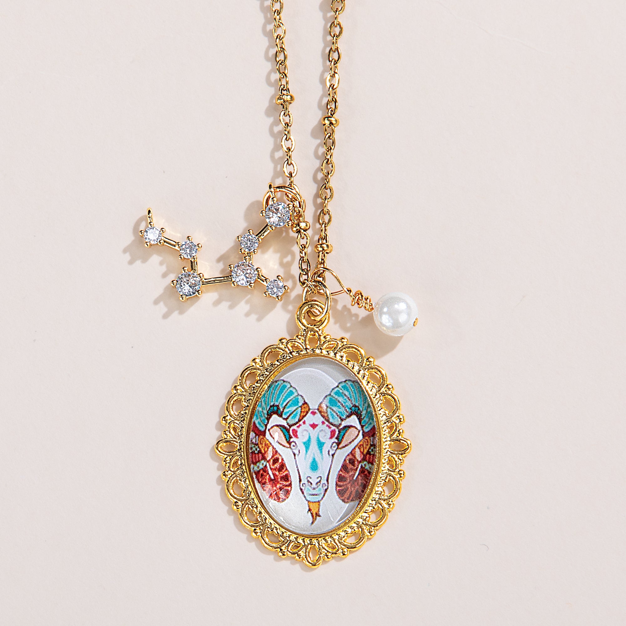 Painted Glass Aries Zodiac Pendant Necklace (Preorder)