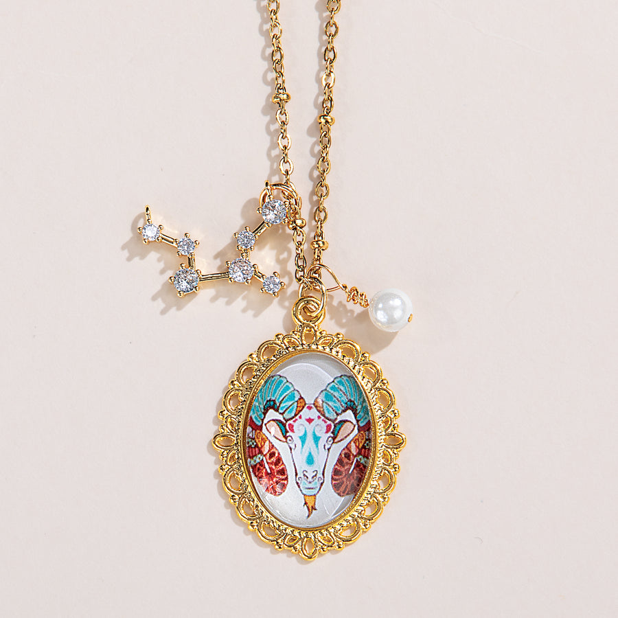 Painted Glass Aries Zodiac Pendant Necklace (Preorder)