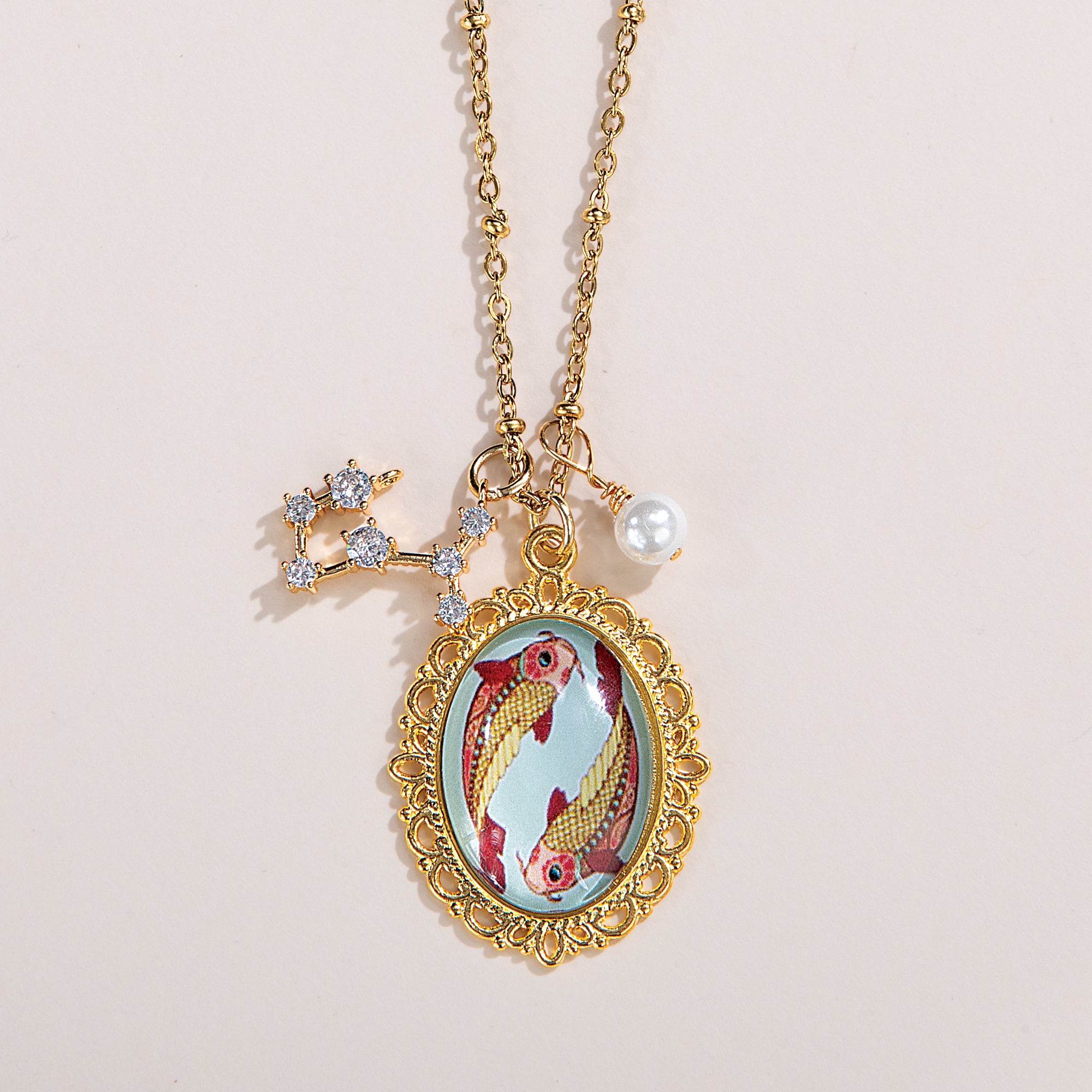 Painted Glass Pisces Zodiac Pendant Necklace (Preorder)