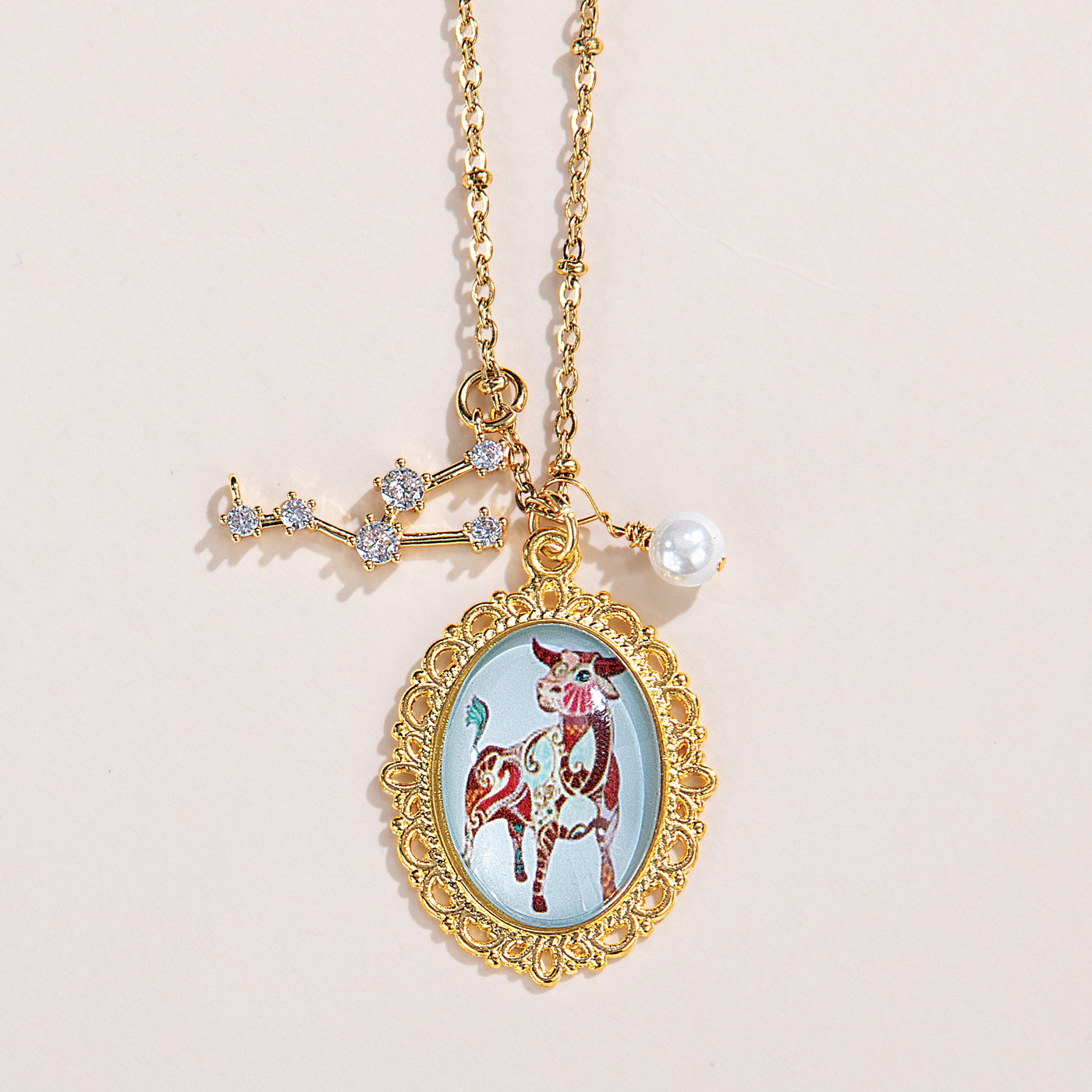 Painted Glass Taurus Zodiac Pendant Necklace (Preorder)