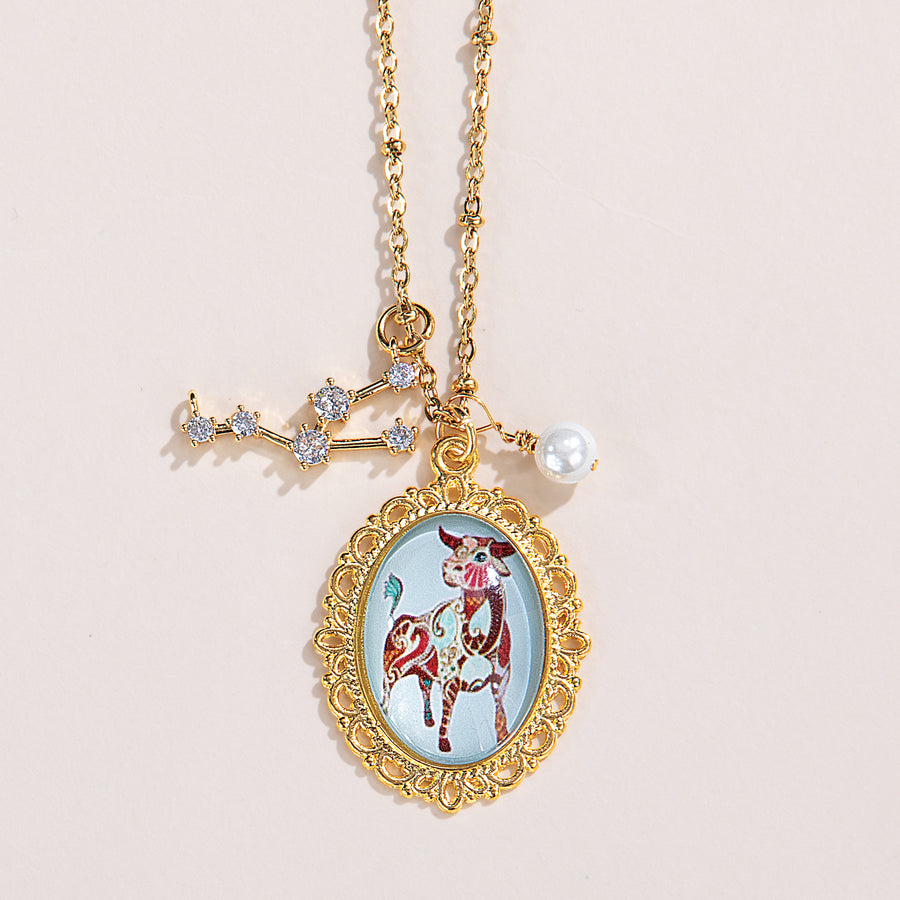 Painted Glass Taurus Zodiac Pendant Necklace (Preorder)