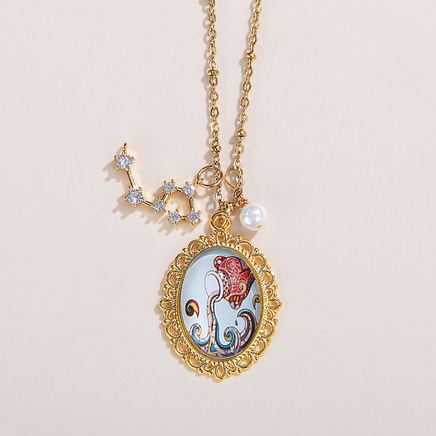 Painted Glass Aquarius Zodiac Pendant Necklace (Preorder)