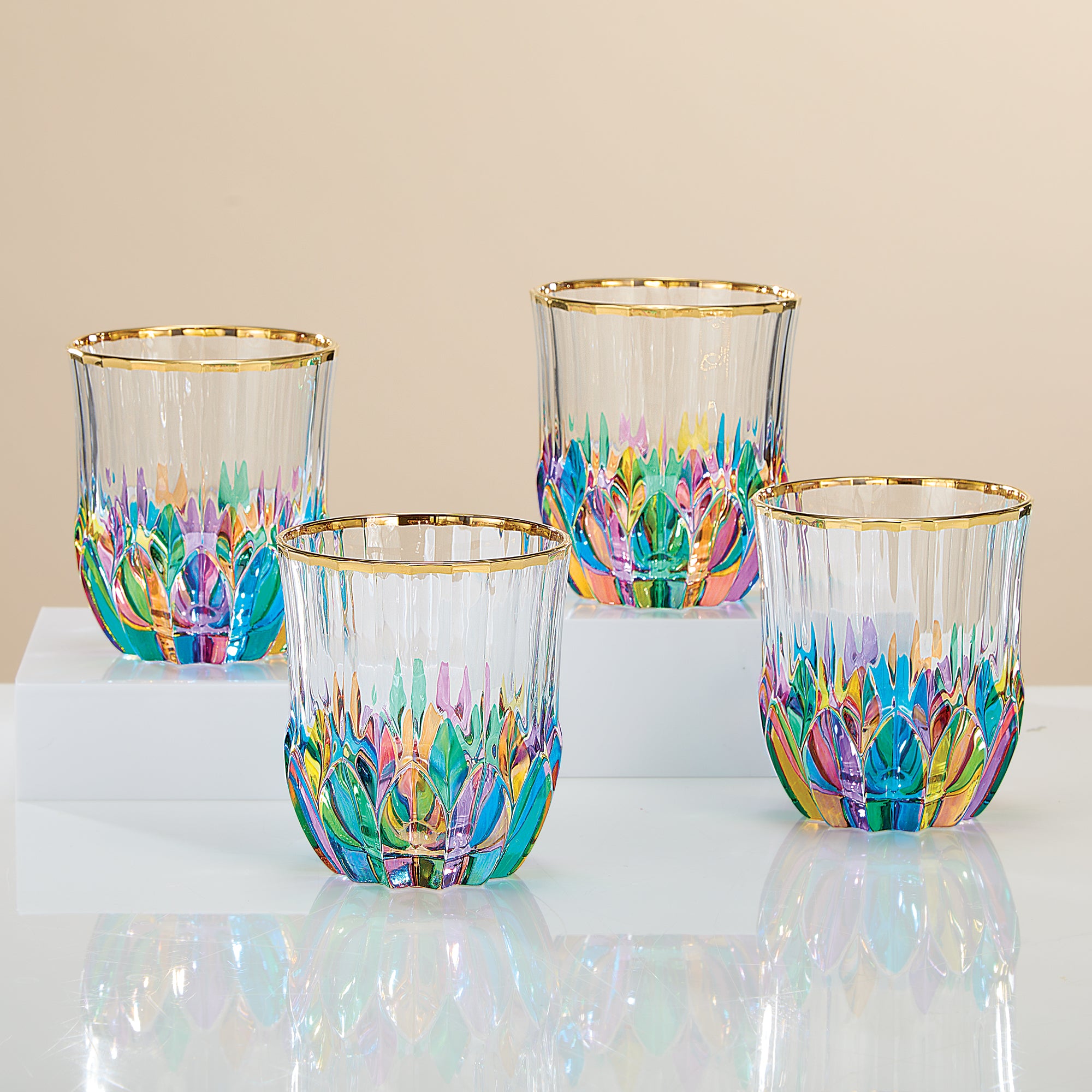 Gold-Rimmed Rainbow Crystal Stemless Glasses Set of 4