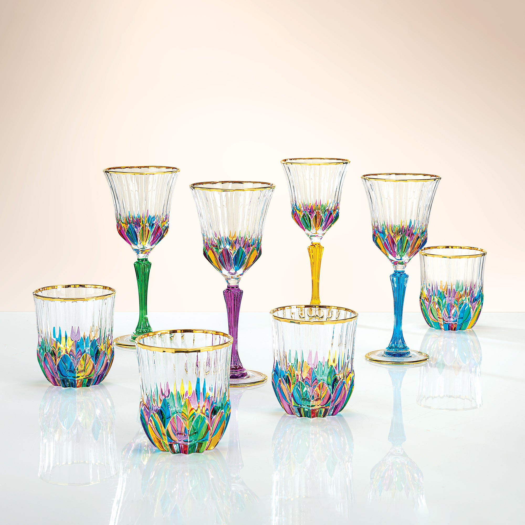 Gold-Rimmed Rainbow Crystal Wine Glasses Set of 4