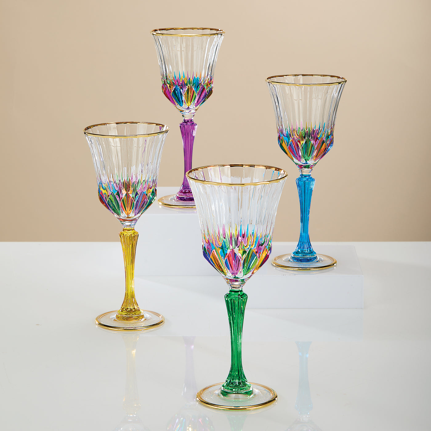 Gold-Rimmed Rainbow Crystal Wine Glasses Set of 4