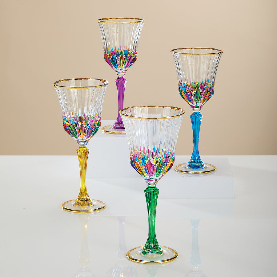 Gold-Rimmed Rainbow Crystal Wine Glasses Set of 4
