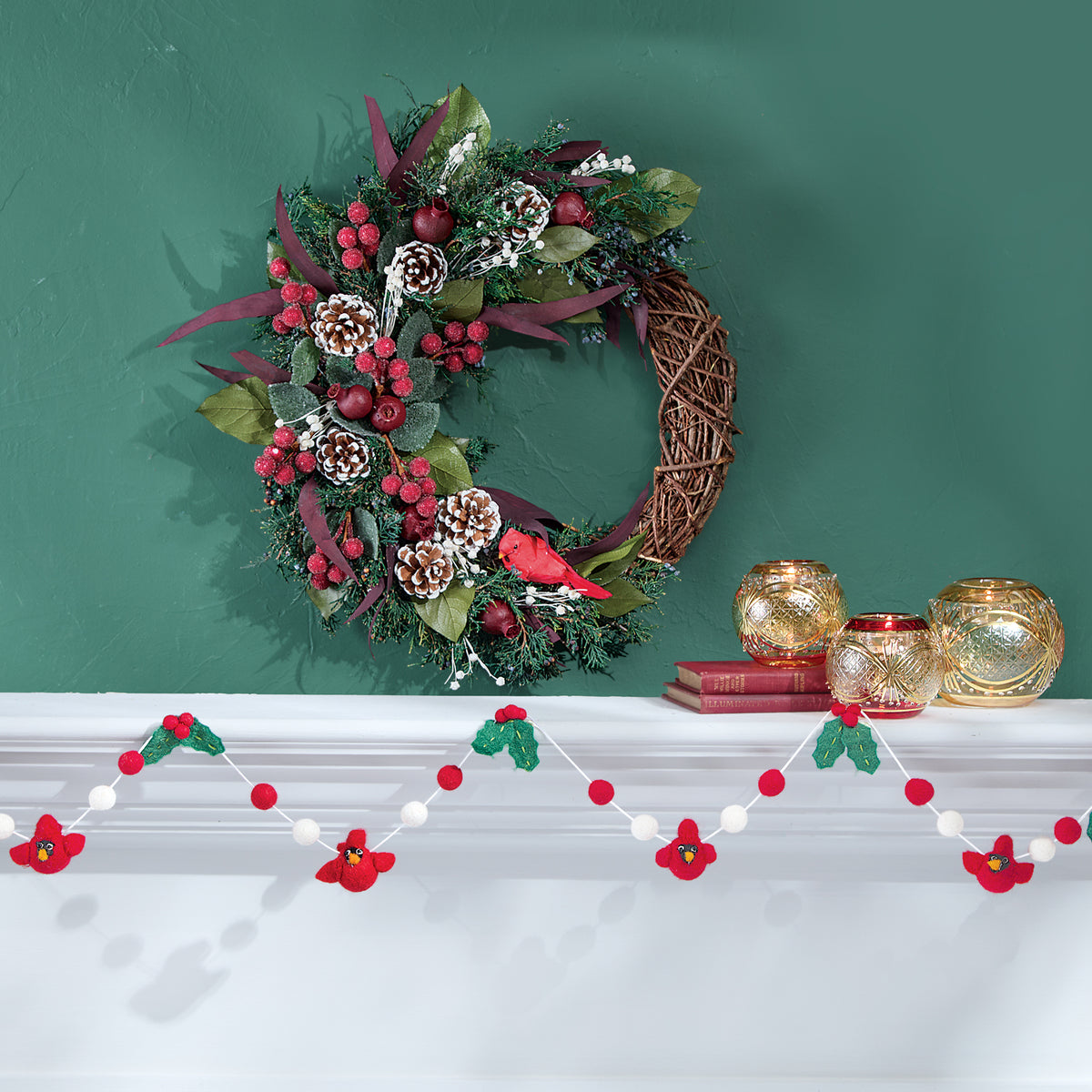 Cardinal & Holly Berry Felted Garland (Preorder)