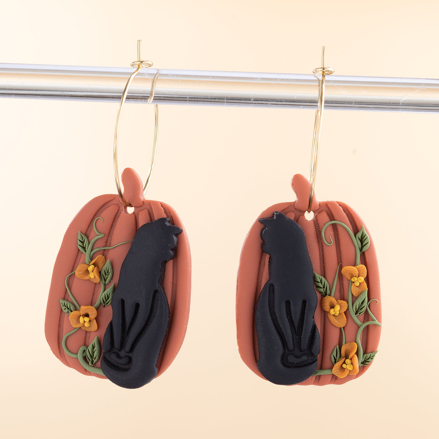 Cat & Flowering Pumpkin Clay Earrings (Preorder)