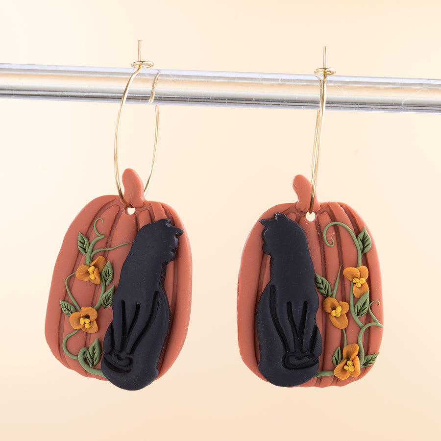 Cat & Flowering Pumpkin Clay Earrings (Preorder)
