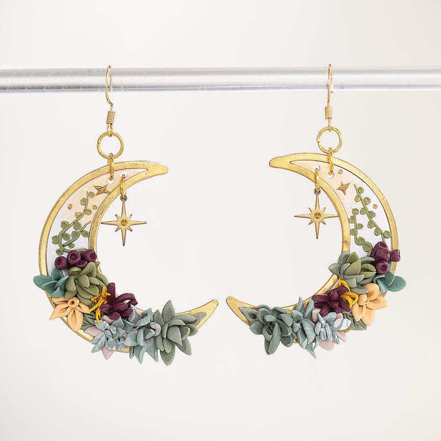 Crescent Moon Succulent Earrings