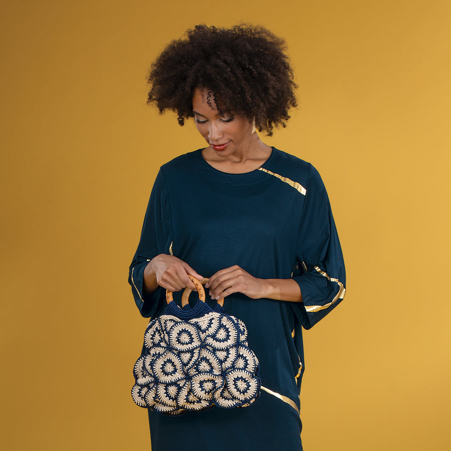 Navy & Tan Crocheted Diamond Italian Handbag