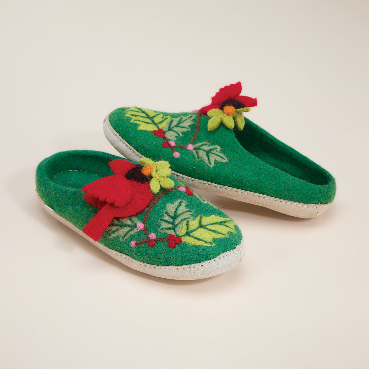 Cardinals & Holly Felted Wool Slippers
