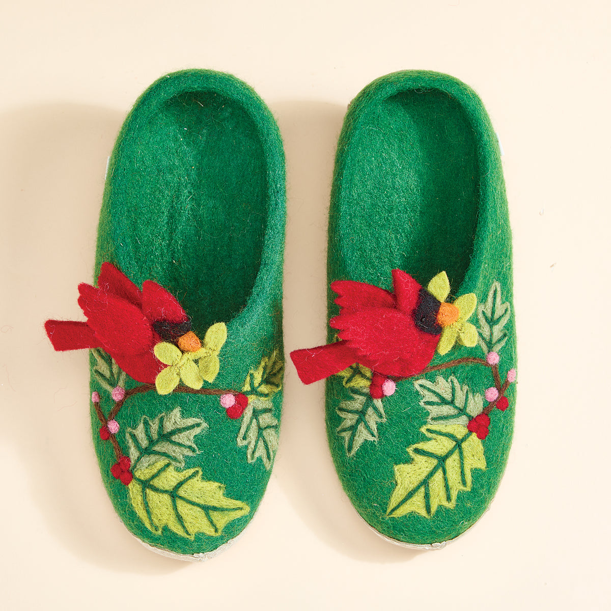 Cardinals & Holly Felted Wool Slippers