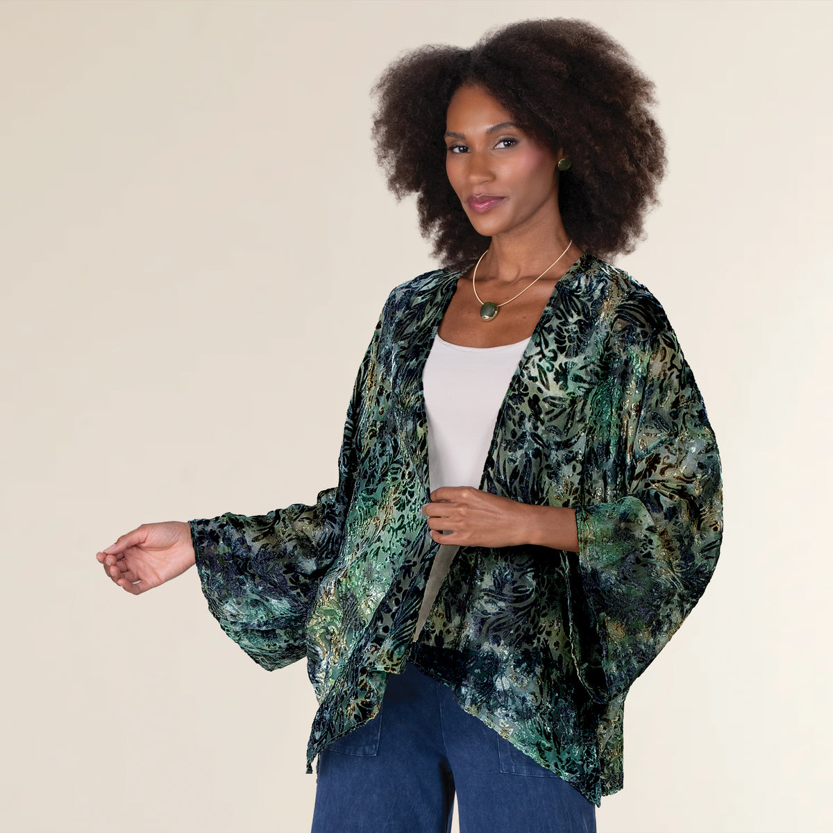 Shimmering Green Velvet Burnout Kimono (Preorder)