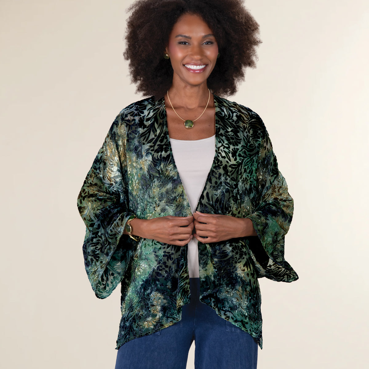 Shimmering Green Velvet Burnout Kimono (Preorder)