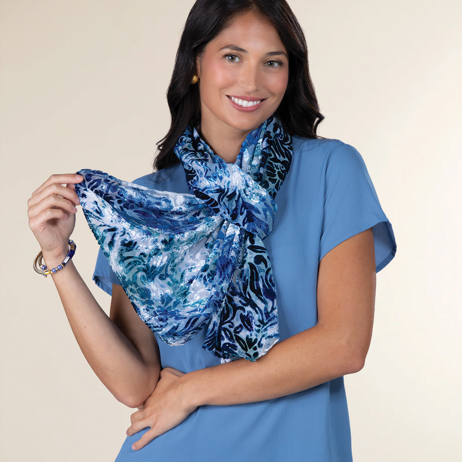 Teal & Cobalt Velvet Burnout Scarf (Preorder)