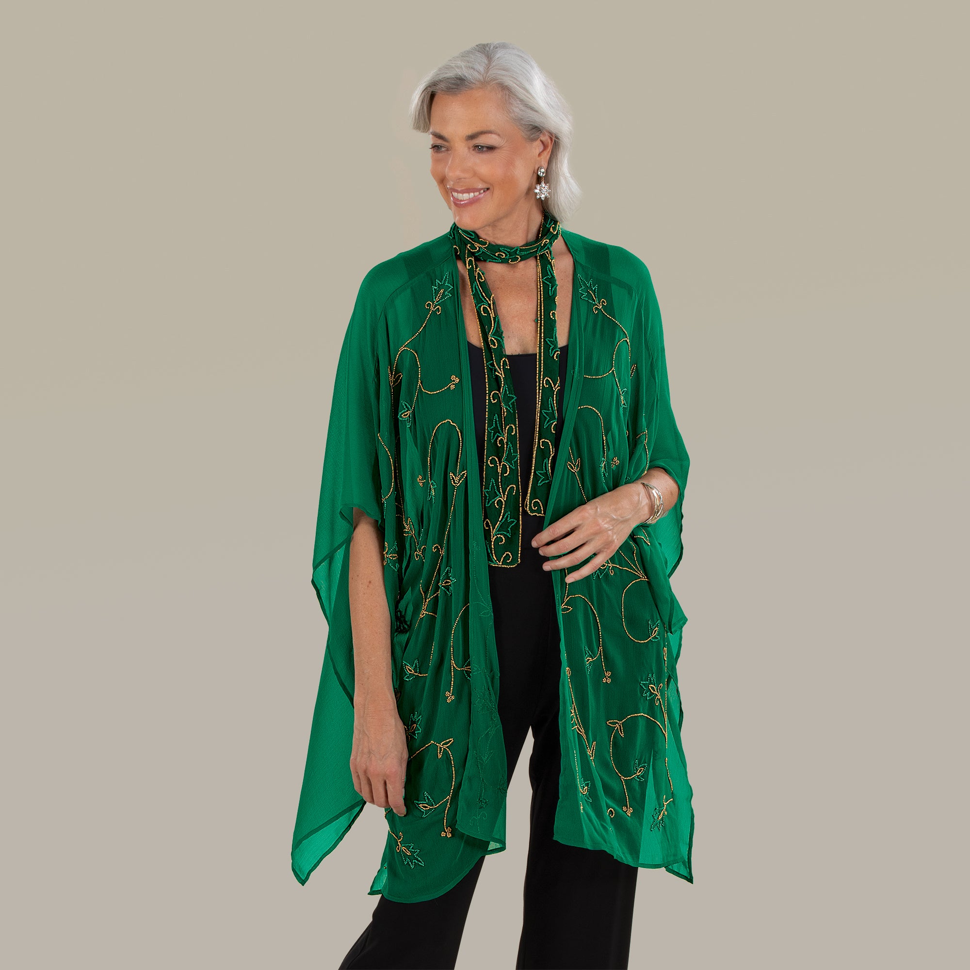 Hand-Beaded Sheer Emerald Kimono
