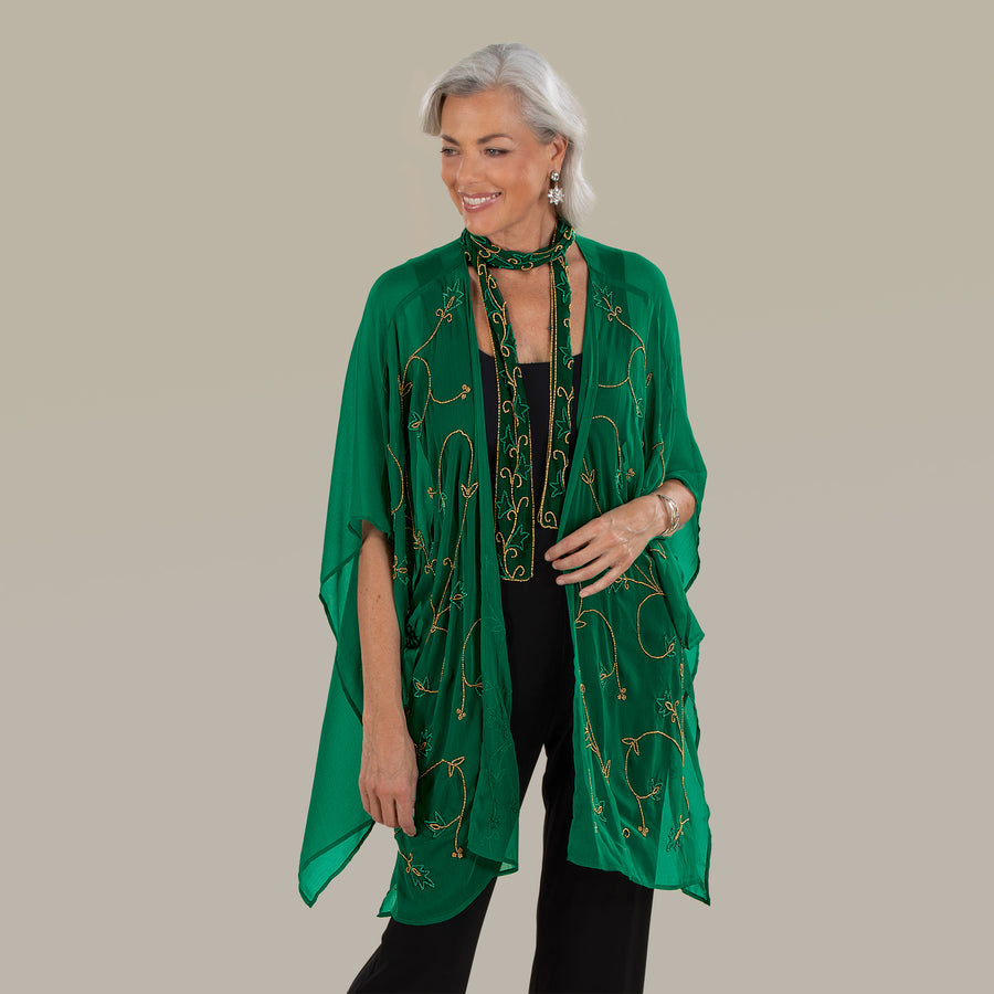 Hand-Beaded Sheer Emerald Kimono