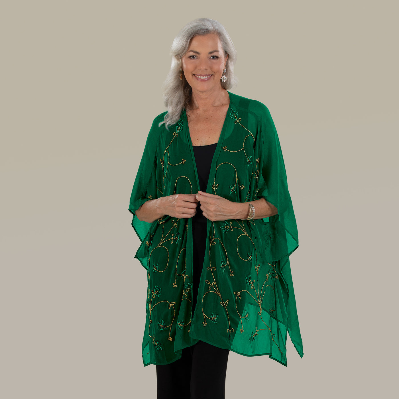 Hand-Beaded Sheer Emerald Kimono