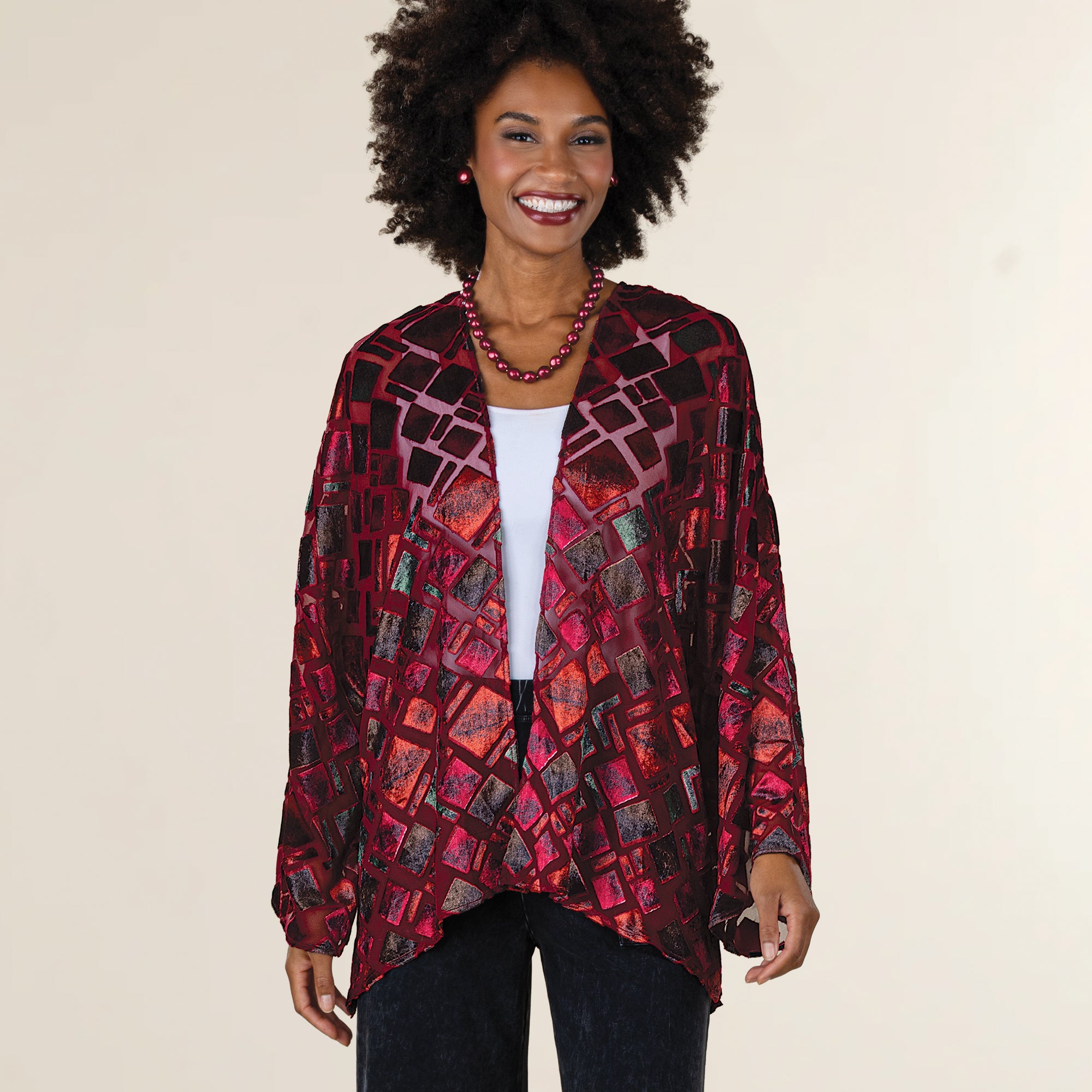 Prismatic Patterned Red Burnout Kimono