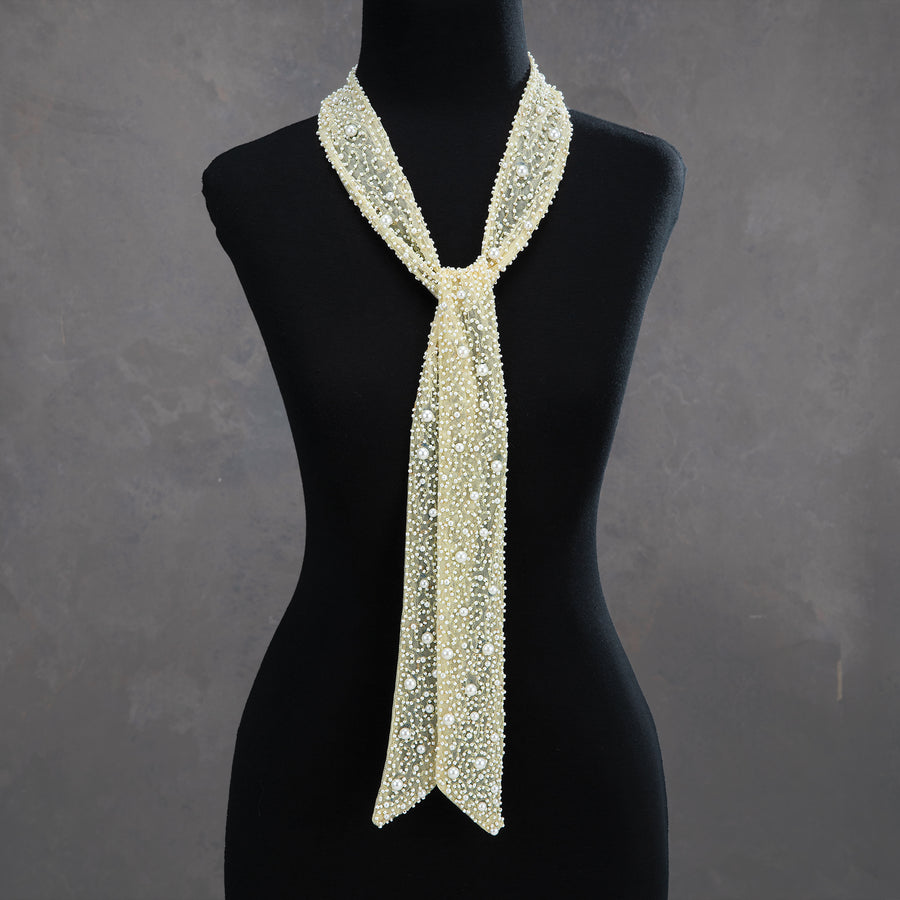 Hand-Beaded Ivory Pearl Skinny Scarf
