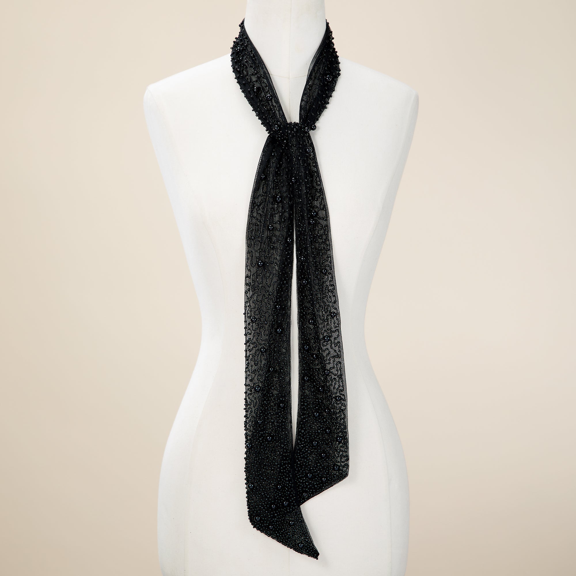 Hand-Beaded Black Pearl Skinny Scarf