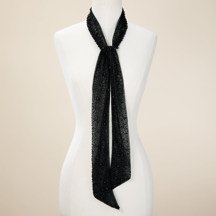 Hand-Beaded Black Pearl Skinny Scarf
